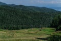 Cable Car With Seats Among Coniferous Trees In Green Forest On Hill In Mountains, Summer Blue Sky, Baikal Lake