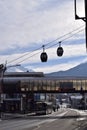 Cable car ski and snowboard lift rising from a transport station in Solden, Austrian Ski resort