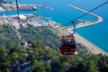 Cable car to the mountain next to the clean blue ocean with industrial port in the background - Antalya (Turkey)