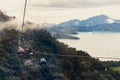 Cable cars ascend around a mountain range, providing a scenic view of Sun Moon Lake