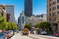 Cable cars traffic in downtown San Francisco, California.