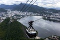A cable cart begins its decent from Sugarloaf Mountain in Rio de Janeiro, Brazil.