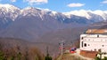 Cable chair ski lift in Gorky Gorod mountain ski resort in Caucasus mountains on Krasnaya Polyana, Sochi, Russia. Scenic