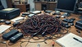 Cable Clutter: Disorganized Tech Desk with Tangled Wires & Electronics Royalty Free Stock Photo