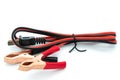 Cable with Crocodile clip. Metal crocodile clip. Black and red wires with copper clamps isolated on a white background