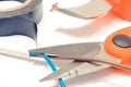 Cable cutter, electric cable and insulating tape on white background, technology concept Royalty Free Stock Photo