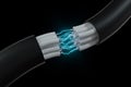 Cable with extended core, electronic connection product, with lightning effect 3d rendering