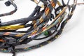 A cable of matted wires of different colors with connectors in the electrical wiring of the car. Internet line in the work of the Royalty Free Stock Photo