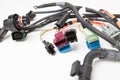 A cable of matted wires of different colors with connectors in the electrical wiring of the car. Internet line in the work of the Royalty Free Stock Photo