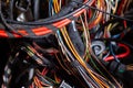 A cable of matted wires of different colors with connectors in the electrical wiring of the car. Internet line in the work of the Royalty Free Stock Photo