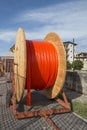 Cable reels and road construction Royalty Free Stock Photo