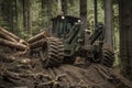 Cable skidder pulling logs in forest