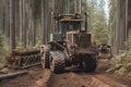 Cable skidder pulling logs in forest