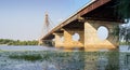 Cable-stayed bridge across river, bottom view. Kyiv, Ukraine