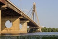 Cable-stayed bridge across wide river, bottom view