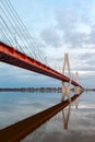 Cable-stayed bridge at sunset against a beautiful sky. Royalty Free Stock Photo