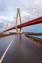 Cable-stayed bridge at sunset against a beautiful sky. Royalty Free Stock Photo