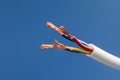 Cable with stripped wires on blue background Royalty Free Stock Photo