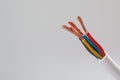 Cable with stripped wires on light background, closeup. Space for text Royalty Free Stock Photo