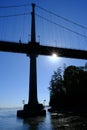 Cable Suspension Bridge Next to Island with Trees Blue Sky and Sunstar