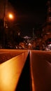 Cable tram rail road bottom perspective in San Francisco at night Royalty Free Stock Photo