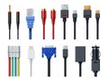 Cable wire computer video, audio, usb, hdmi, network and electric conectors and plugs vector set isolated Royalty Free Stock Photo