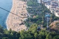 Cableroad from the lower station on beach to the Castle, view at the Kleopatra beach, the Alanya city, Turkey