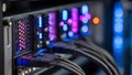 Cables connect to the server rack with red, pink, and blue lighting elements shining Royalty Free Stock Photo