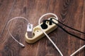 Cables plugged into the surge protector Royalty Free Stock Photo