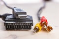 Cables, scart socket, hdmi plug and rca plugs Royalty Free Stock Photo