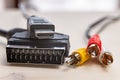 Cables, scart socket, hdmi plug and rca plugs Royalty Free Stock Photo