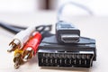 Cables, scart socket, hdmi plug and rca plugs Royalty Free Stock Photo
