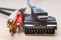 Cables, scart socket, hdmi plug and rca plugs Royalty Free Stock Photo