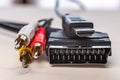 Cables, scart socket, hdmi plug and rca plugs Royalty Free Stock Photo