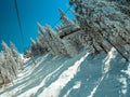 Cables at ski resort with slopes on a sunny day. Royalty Free Stock Photo