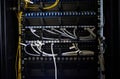 Cables, wires or server room maintenance in engineering, software programming or cybersecurity IT. Zoom, repair or data Royalty Free Stock Photo