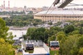 Cableway cabins move between Luzhniki Stadium and Sparrow Hills, Moscow, Russia