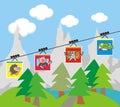 Cableway, landscape and animals, funny vector illustration