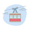 Cableway In Sky With Clouds. Flat Travel Art.