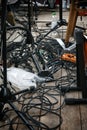 cabling on stage for the amplifier system of a rock or pop band,