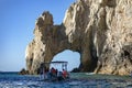 Cabo San Lucas, Mexico, September 6, 2023: Tourist boat visiting Cabo San Lucas\'s famous arch.