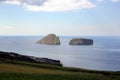 Cabras Islets off shore east of Terceira Island, rural landscape in the foreground, Azores, Portugal