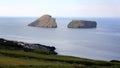 Cabras Islets off shore east of Terceira Island, rural landscape in the foreground, Azores, Portugal