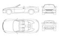 Cabriolet car in outline. Cabrio coupe vehicle template vector isolated on white. View front, rear, side, top. All Royalty Free Stock Photo