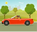 Cabriolet with couple side view.Funny afro american family driving in red car on weekend holiday. Royalty Free Stock Photo