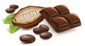 Cacao beans with chocolate table and green leaf