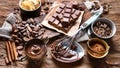 Cacao beans, powder, cacao butter,  chocolate bar and chocolate sauce Royalty Free Stock Photo