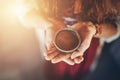 Cacao ceremony, heart opening medicine. Ceremony space. Cacao cup in woman& x27;s hand. Royalty Free Stock Photo