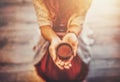 Cacao ceremony, heart opening medicine. Ceremony space. Cacao cup in woman& x27;s hand. Royalty Free Stock Photo