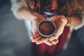 Cacao ceremony, heart opening medicine. Ceremony space. Cacao cup in woman& x27;s hand.